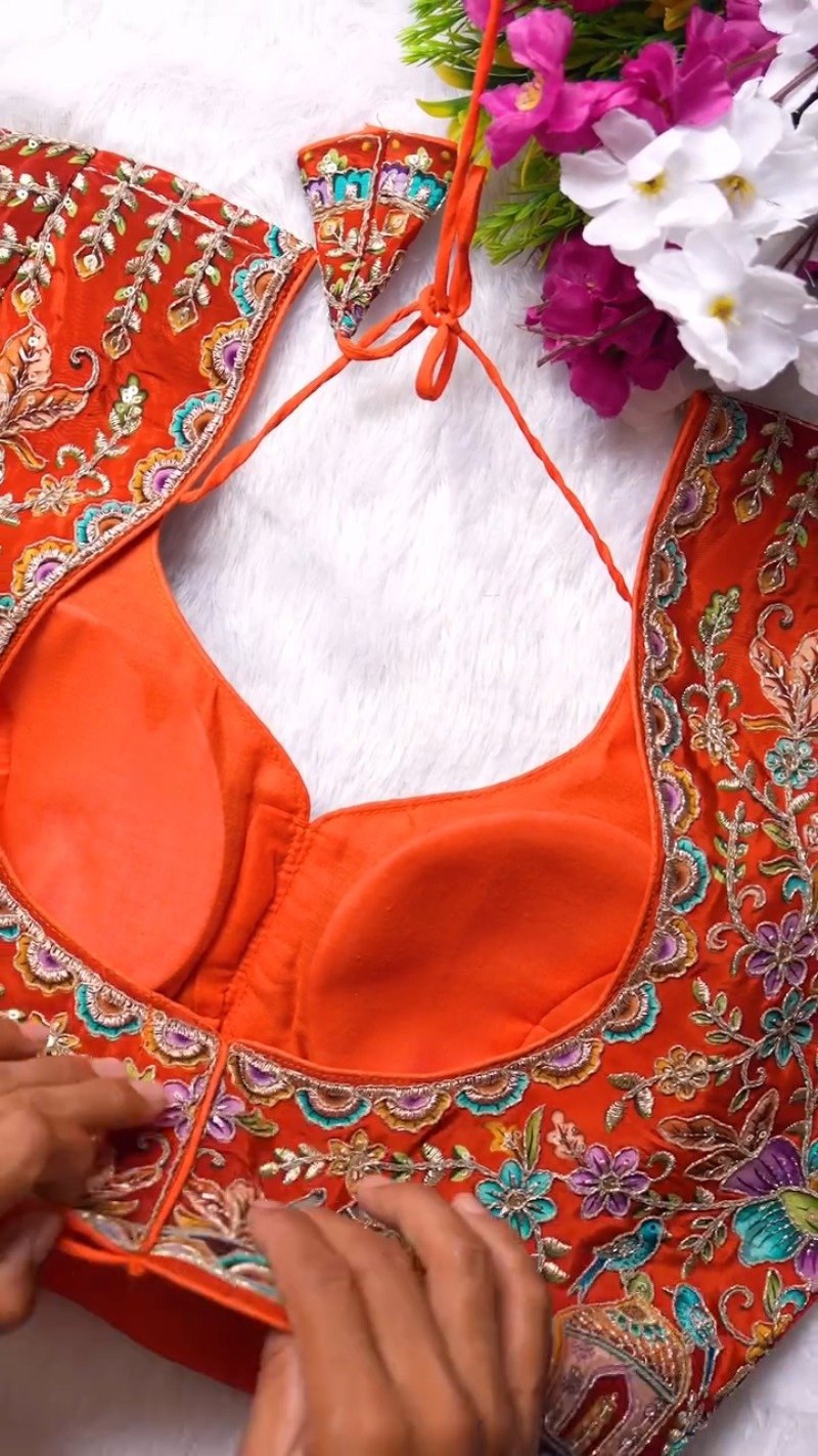 Ornate Zardosi & Bird Motif Embellished Designer Blouse – Exclusive Orange Artisan Collection