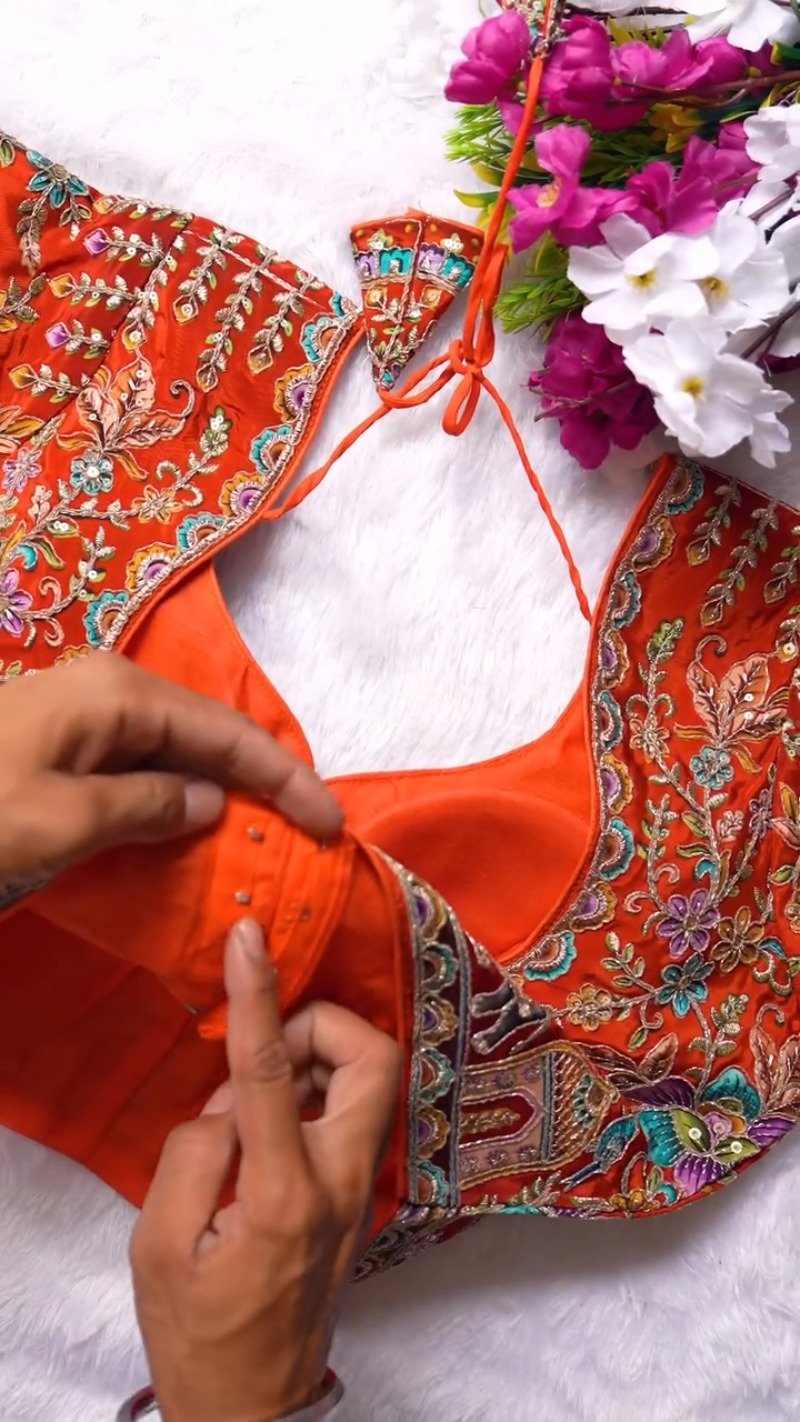 Ornate Zardosi & Bird Motif Embellished Designer Blouse – Exclusive Orange Artisan Collection