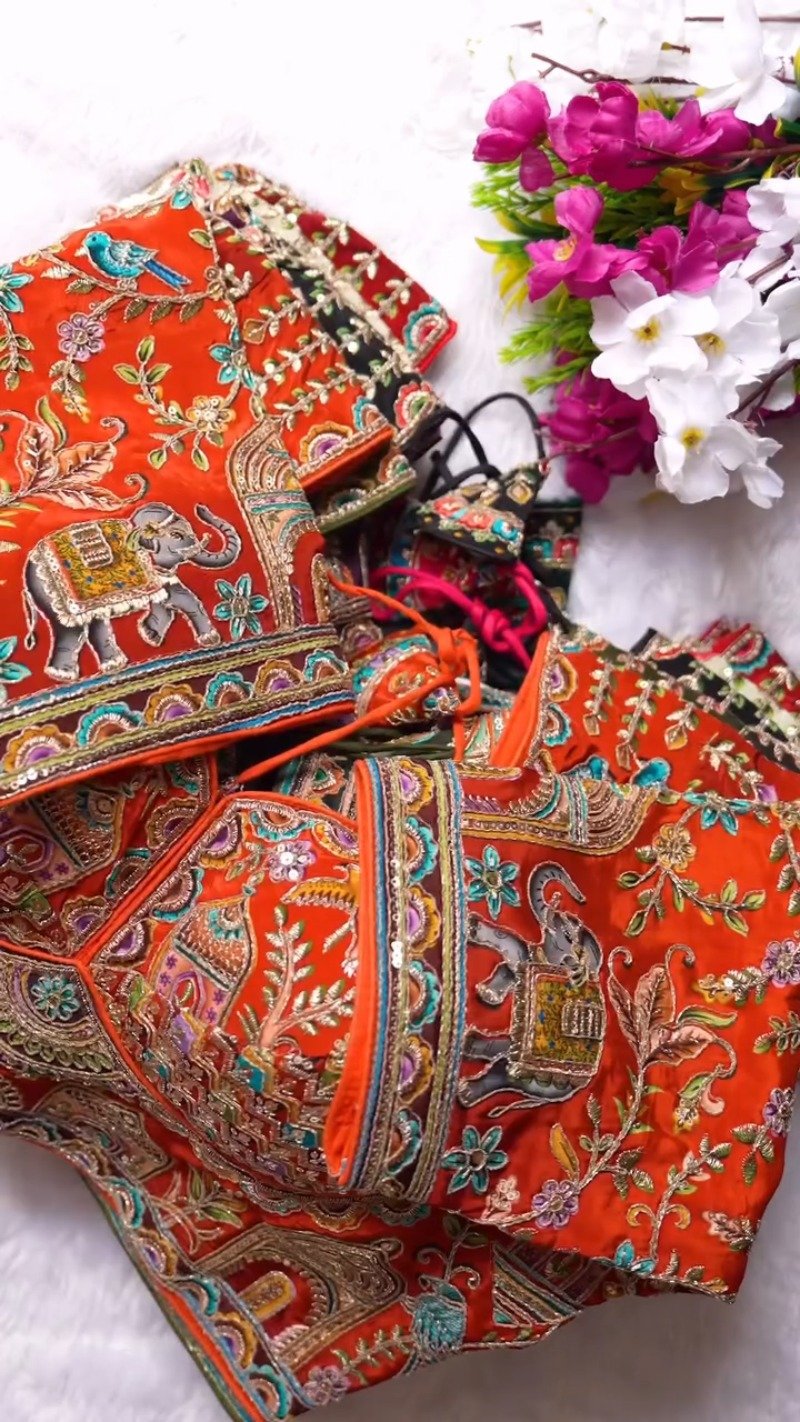 Ornate Zardosi & Bird Motif Embellished Designer Blouse – Exclusive Orange Artisan Collection