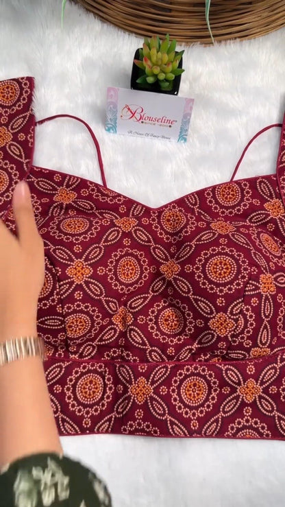 Exquisite Bandhani Print Designer Blouse – Available in Deep Maroon, Mustard Yellow, and Olive Green