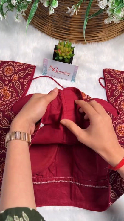 Exquisite Bandhani Print Designer Blouse – Available in Deep Maroon, Mustard Yellow, and Olive Green