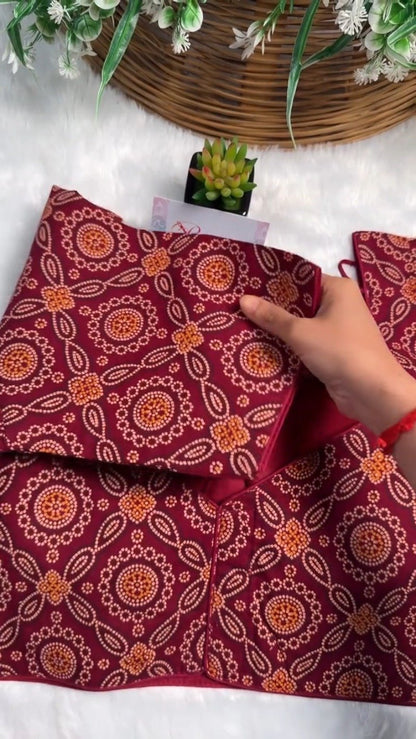 Exquisite Bandhani Print Designer Blouse – Available in Deep Maroon, Mustard Yellow, and Olive Green