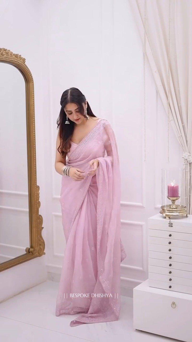Ethereal Pastel Pink Sheer Organza Saree with Delicate Silver Threadwork