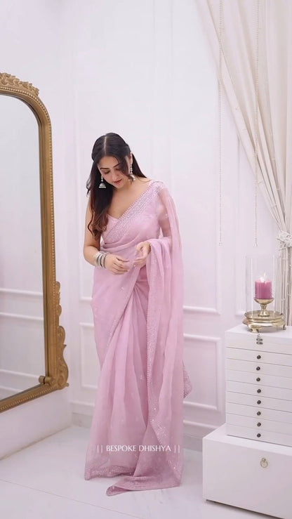 Ethereal Pastel Pink Sheer Organza Saree with Delicate Silver Threadwork