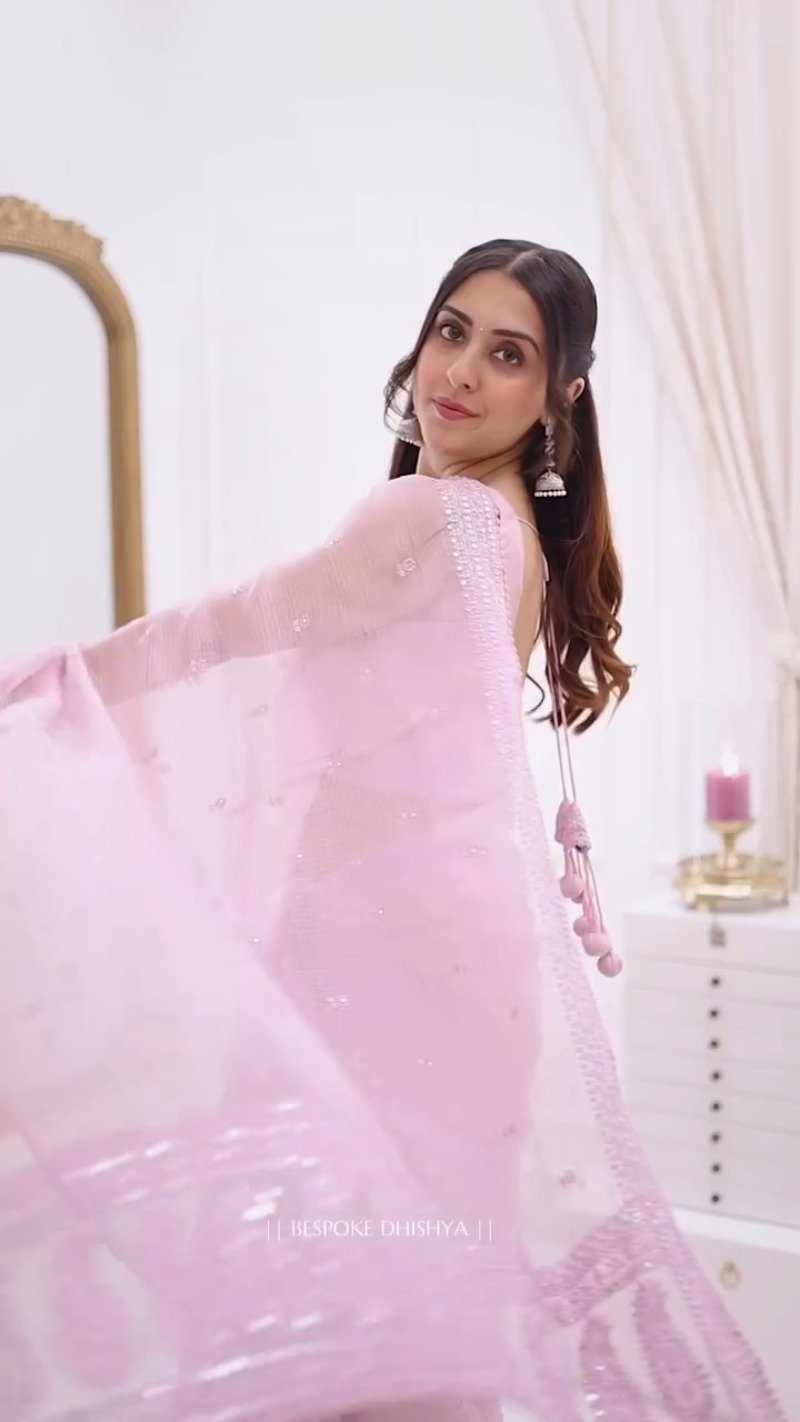 Ethereal Pastel Pink Sheer Organza Saree with Delicate Silver Threadwork
