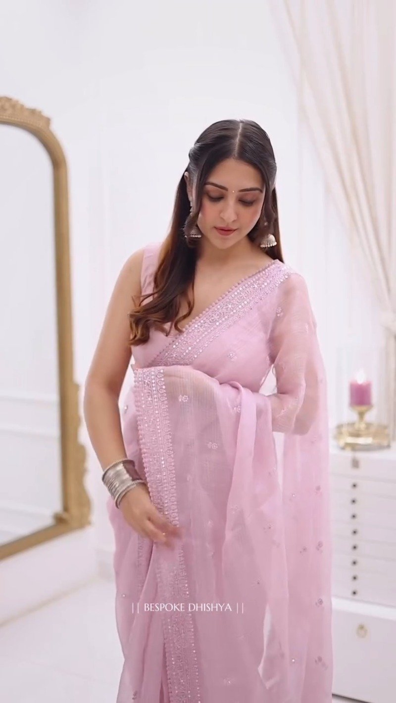 Ethereal Pastel Pink Sheer Organza Saree with Delicate Silver Threadwork