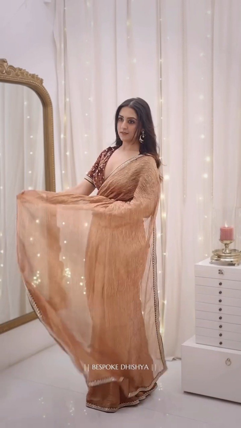 Metallic Copper Shimmer Saree with Velvet Embellished Blouse
