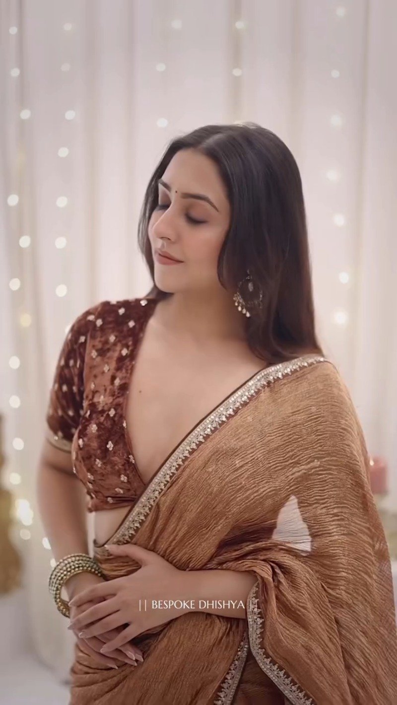 Metallic Copper Shimmer Saree with Velvet Embellished Blouse