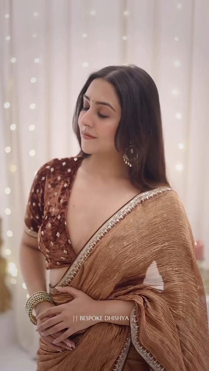 Metallic Copper Shimmer Saree with Velvet Embellished Blouse