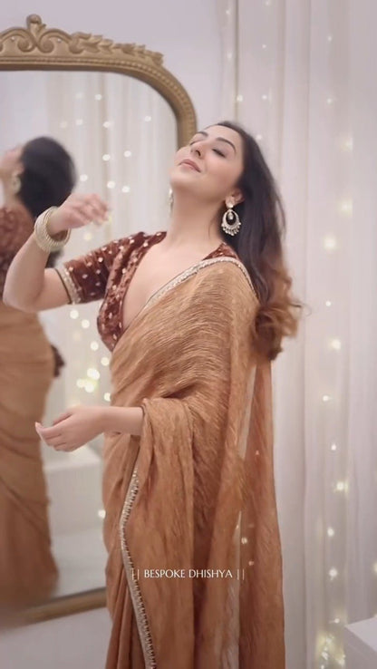 Metallic Copper Shimmer Saree with Velvet Embellished Blouse