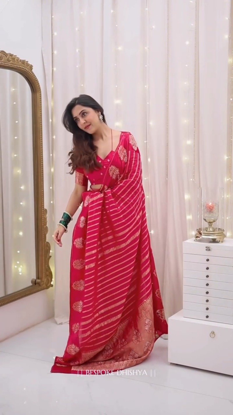 Radiant Crimson Zari-Striped Organza Saree with Embroidered Blouse