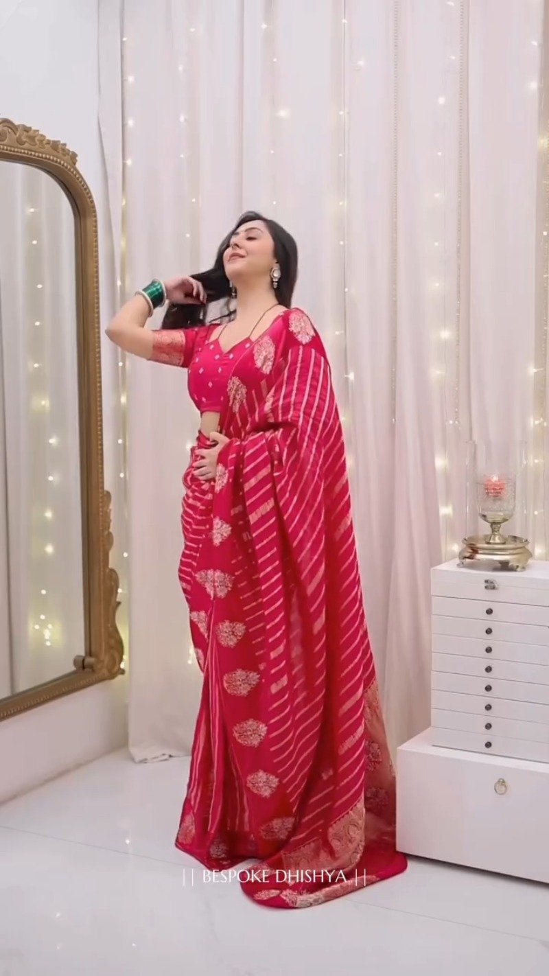 Radiant Crimson Zari-Striped Organza Saree with Embroidered Blouse