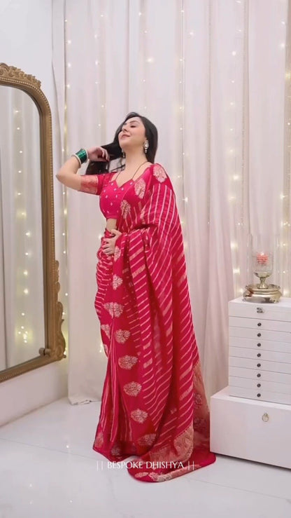 Radiant Crimson Zari-Striped Organza Saree with Embroidered Blouse