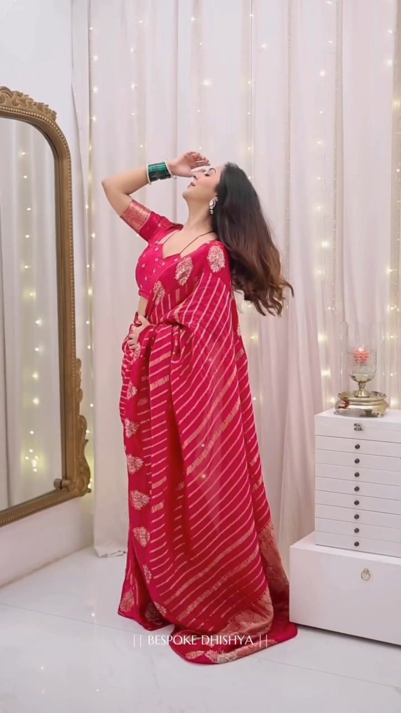Radiant Crimson Zari-Striped Organza Saree with Embroidered Blouse