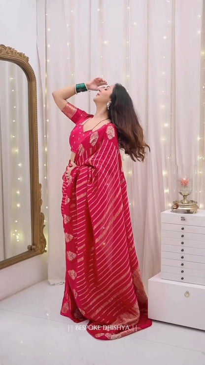 Radiant Crimson Zari-Striped Organza Saree with Embroidered Blouse