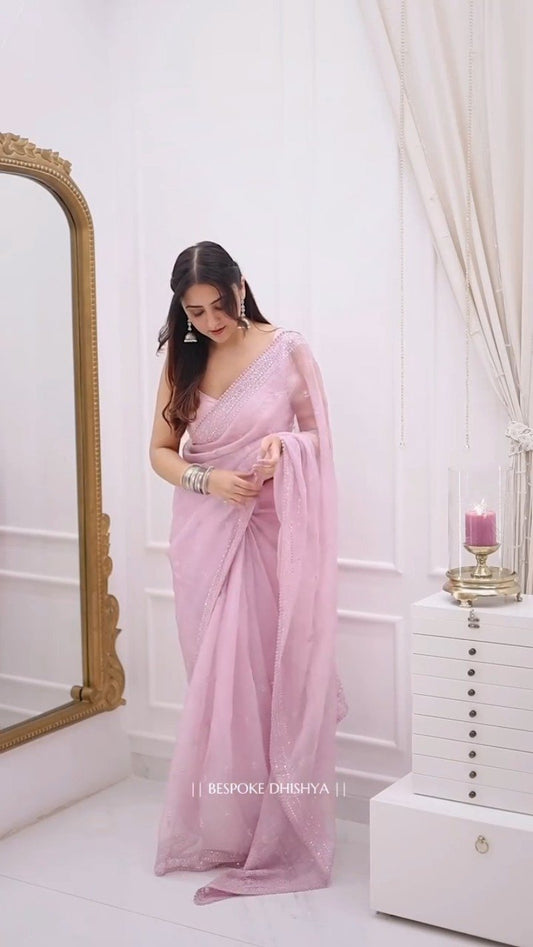 Ethereal Pastel Pink Organza Embellished Saree with Scalloped Border