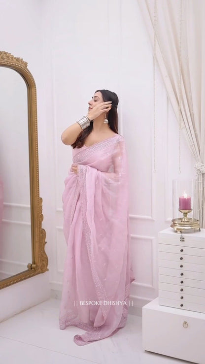 Ethereal Pastel Pink Organza Embellished Saree with Scalloped Border