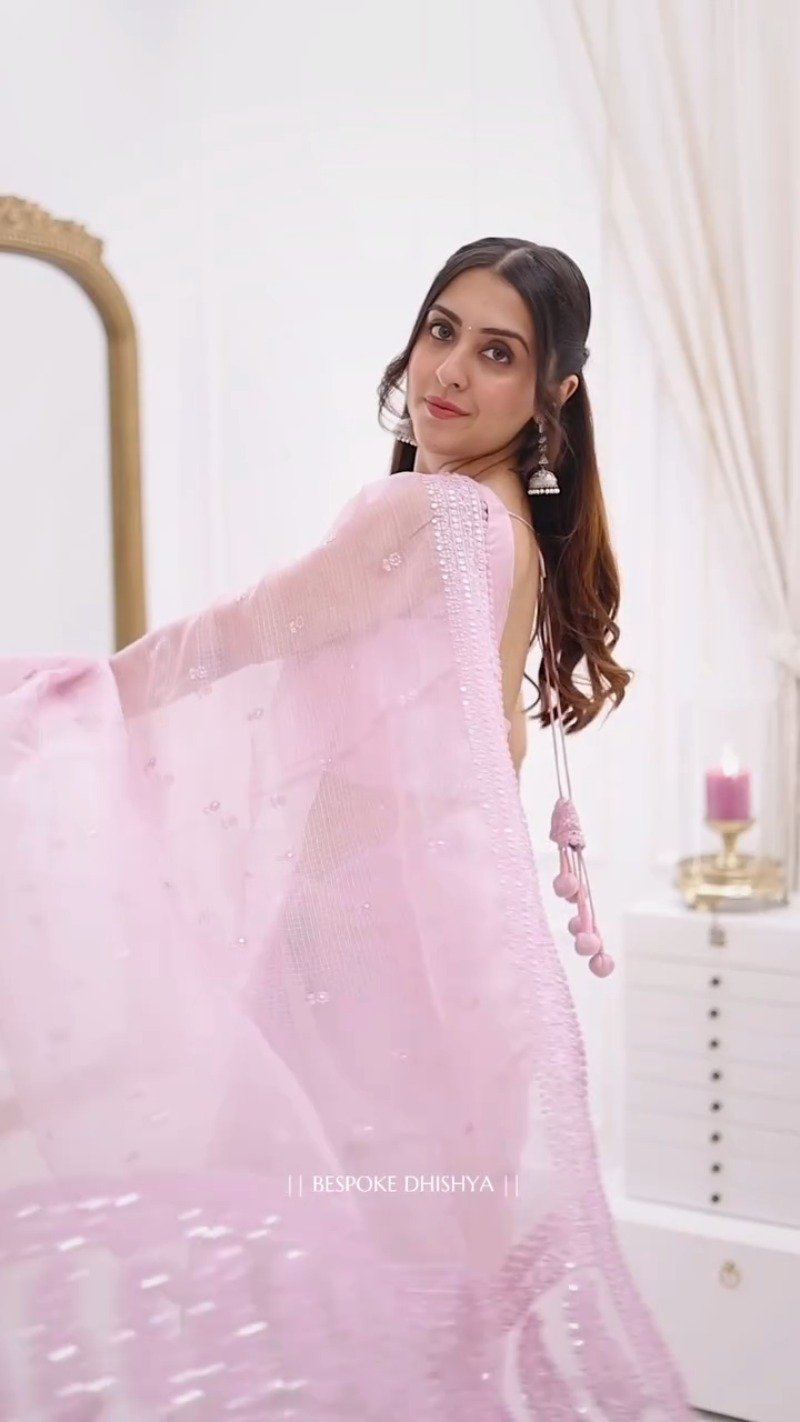 Ethereal Pastel Pink Organza Embellished Saree with Scalloped Border