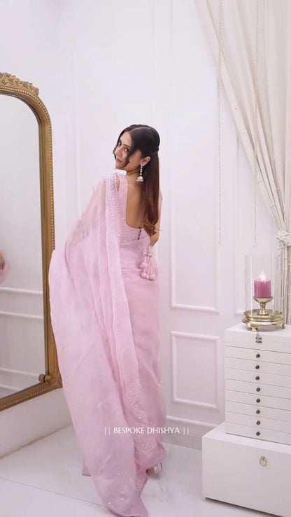 Ethereal Pastel Pink Organza Embellished Saree with Scalloped Border