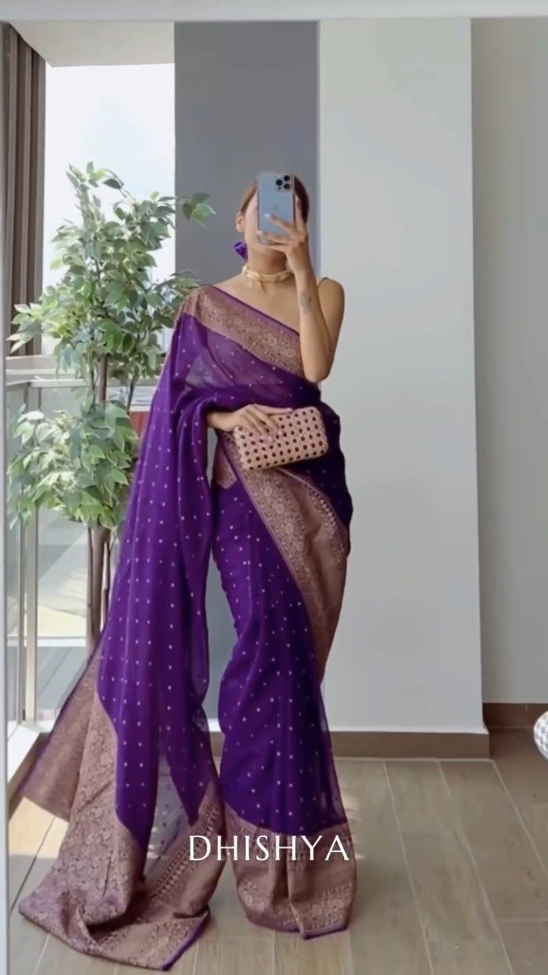 Royal Purple Banarasi Silk Saree with Antique Gold Border – Available in a Single Colourway