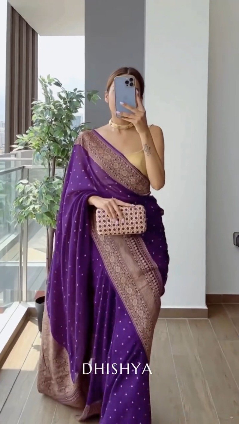 Royal Purple Banarasi Silk Saree with Antique Gold Border – Available in a Single Colourway