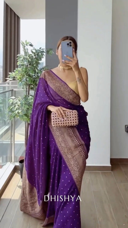 Royal Purple Banarasi Silk Saree with Antique Gold Border – Available in a Single Colourway