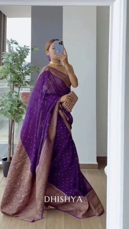 Royal Purple Banarasi Silk Saree with Antique Gold Border – Available in a Single Colourway