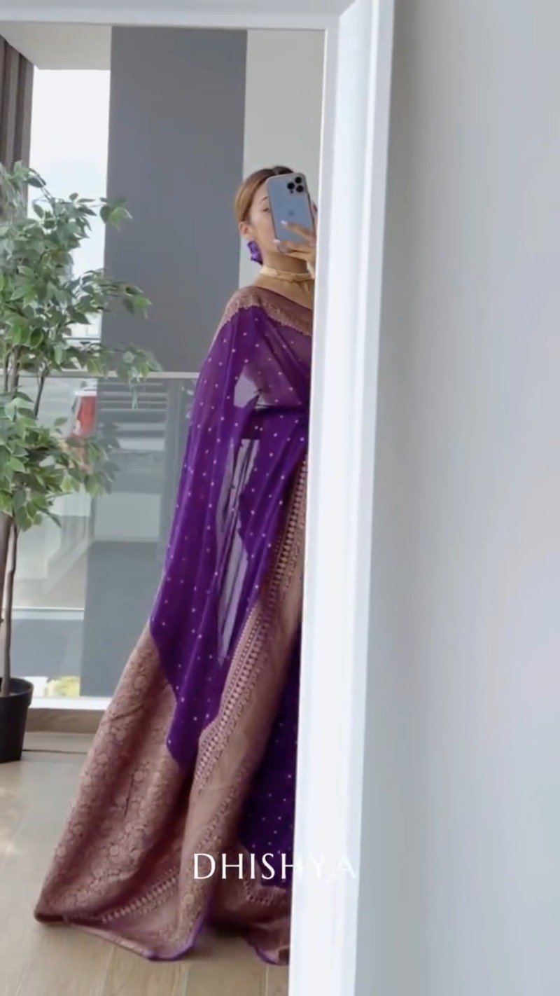 Royal Purple Banarasi Silk Saree with Antique Gold Border – Available in a Single Colourway