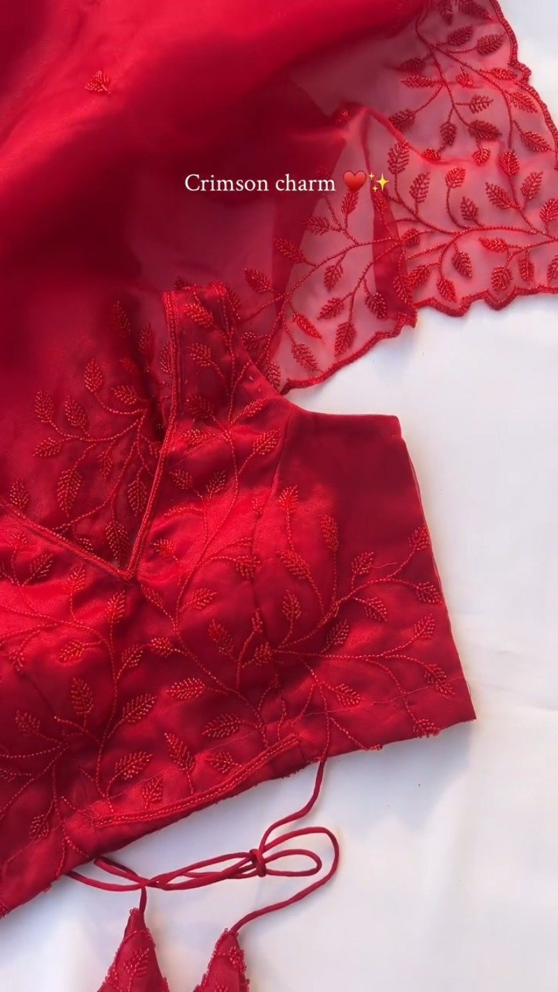 Crimson Charm V-Neck Embroidered Saree Ensemble
