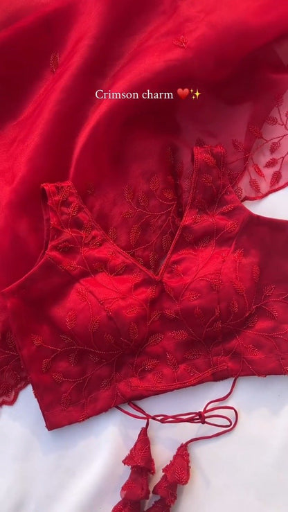 Crimson Charm V-Neck Embroidered Saree Ensemble