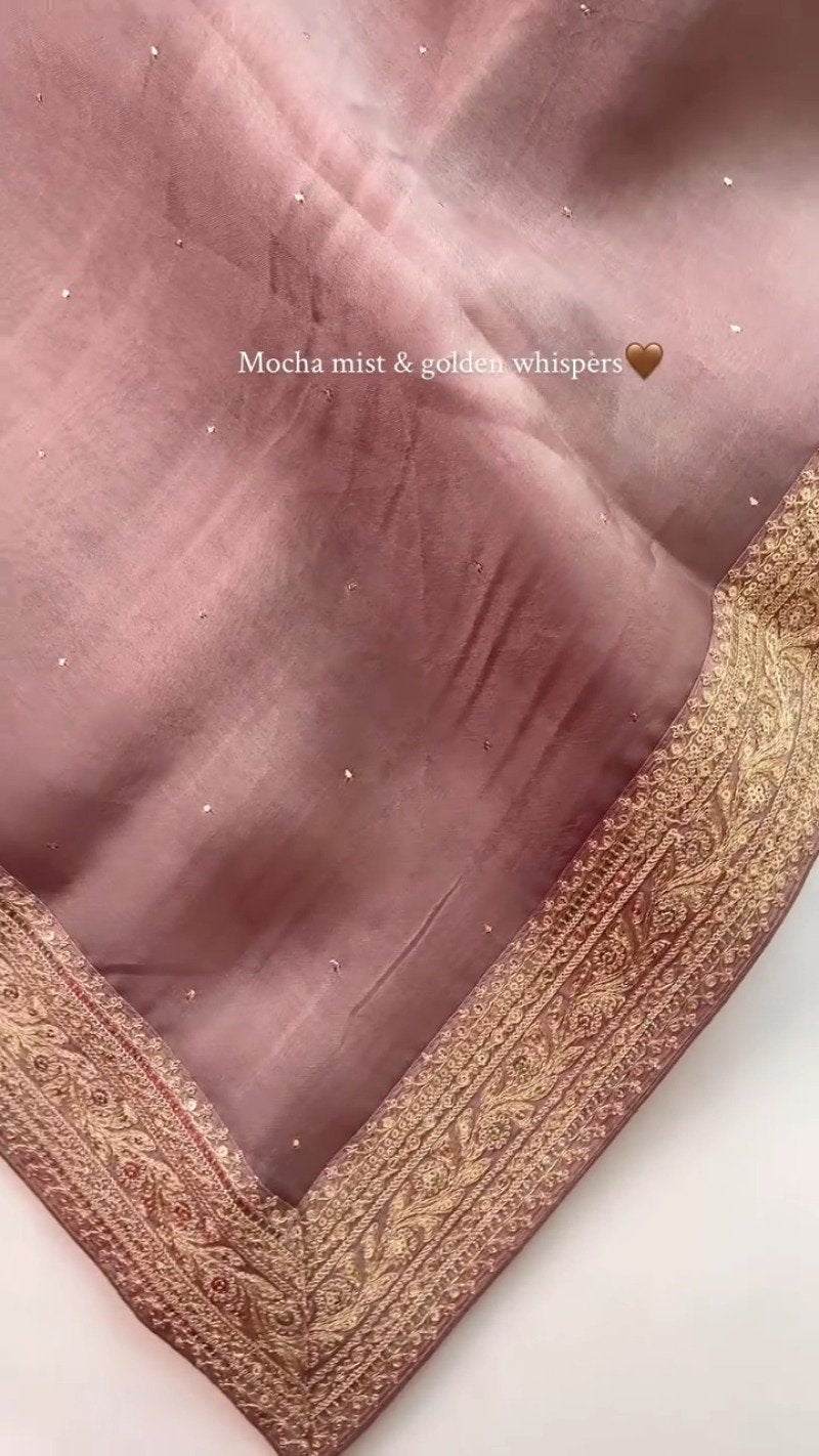 Mocha Mist Embellished Silk Saree with Antique Gold Border
