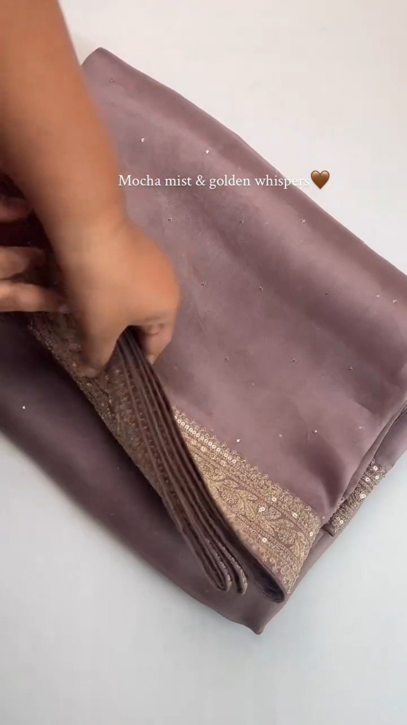 Mocha Mist Embellished Silk Saree with Antique Gold Border