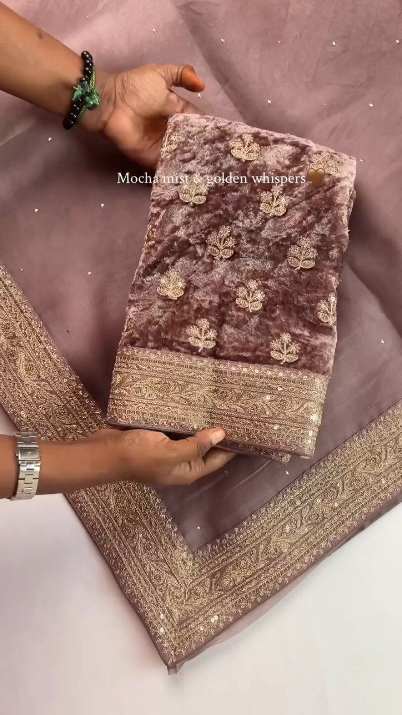 Mocha Mist Embellished Silk Saree with Antique Gold Border