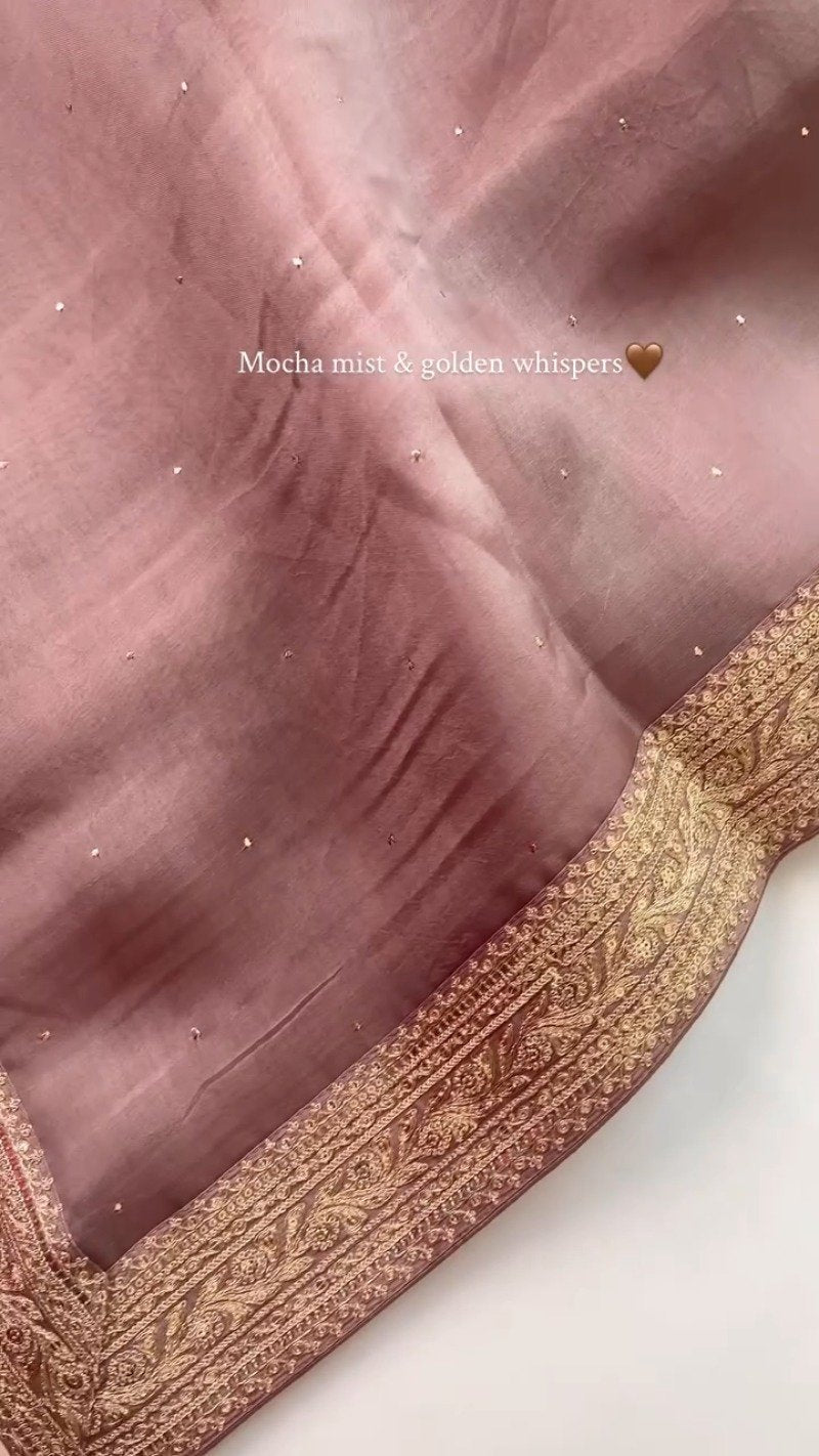 Mocha Mist Embellished Silk Saree with Antique Gold Border