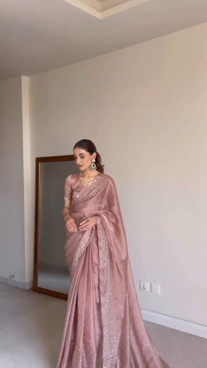 Enchanting Dusty Rose Embellished Organza Saree