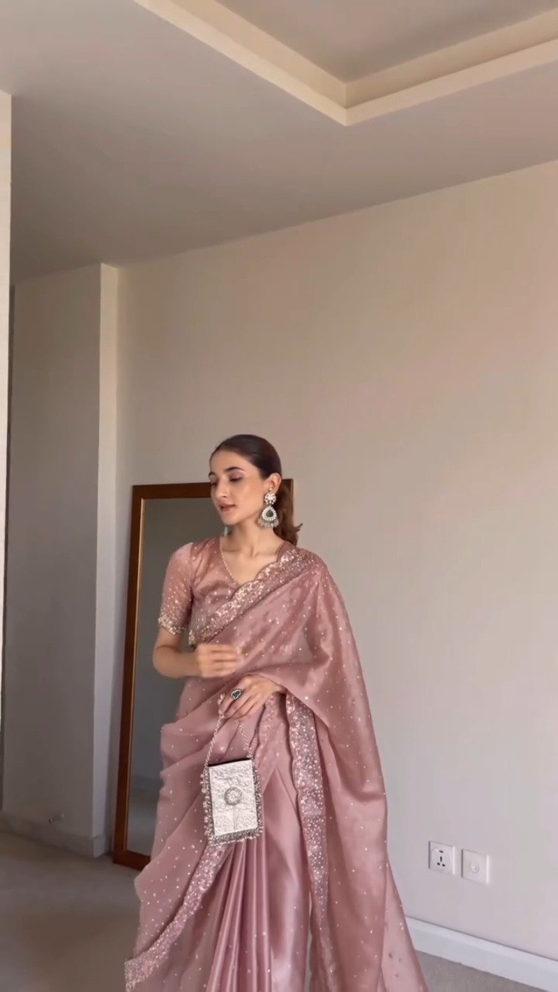 Enchanting Dusty Rose Embellished Organza Saree