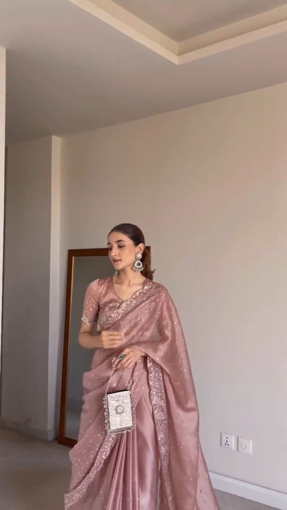 Enchanting Dusty Rose Embellished Organza Saree