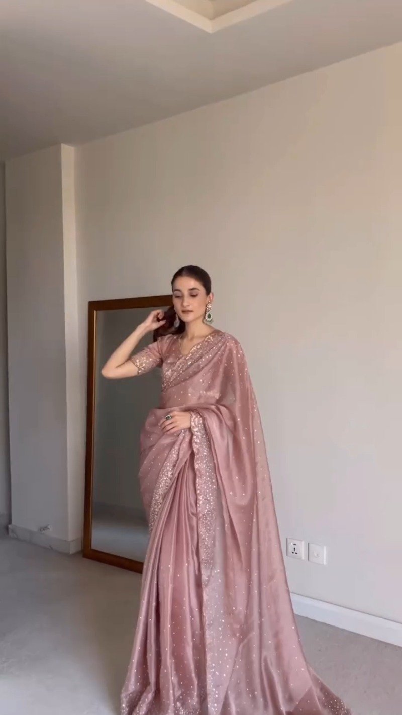 Enchanting Dusty Rose Embellished Organza Saree