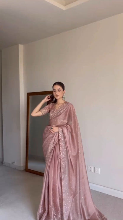 Enchanting Dusty Rose Embellished Organza Saree
