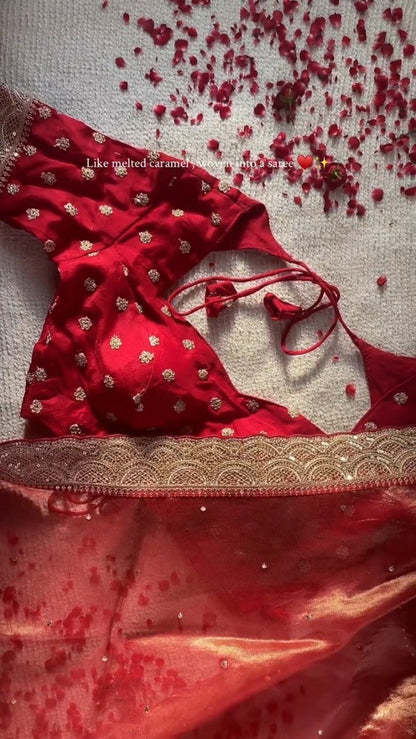 Radiant Crimson Silk Embellished Saree – A Masterpiece of Festive Elegance