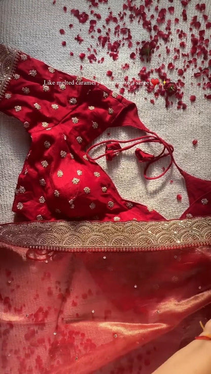 Radiant Crimson Silk Embellished Saree – A Masterpiece of Festive Elegance