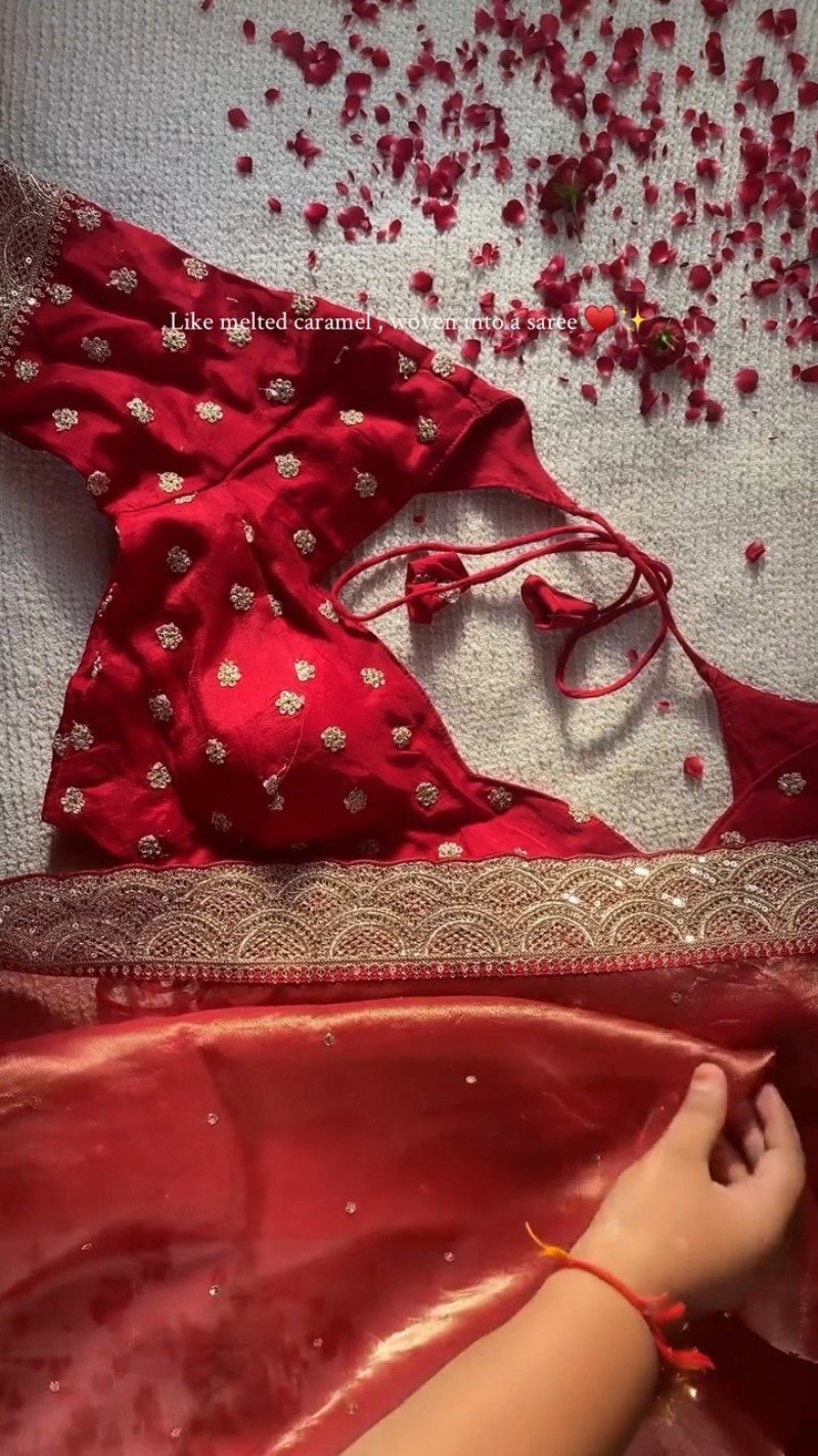 Radiant Crimson Silk Embellished Saree – A Masterpiece of Festive Elegance