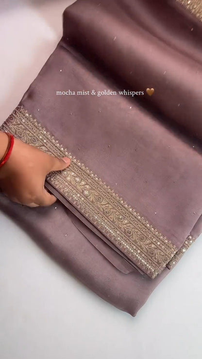 Mocha Mist Embroidered Saree with Golden Zari Border