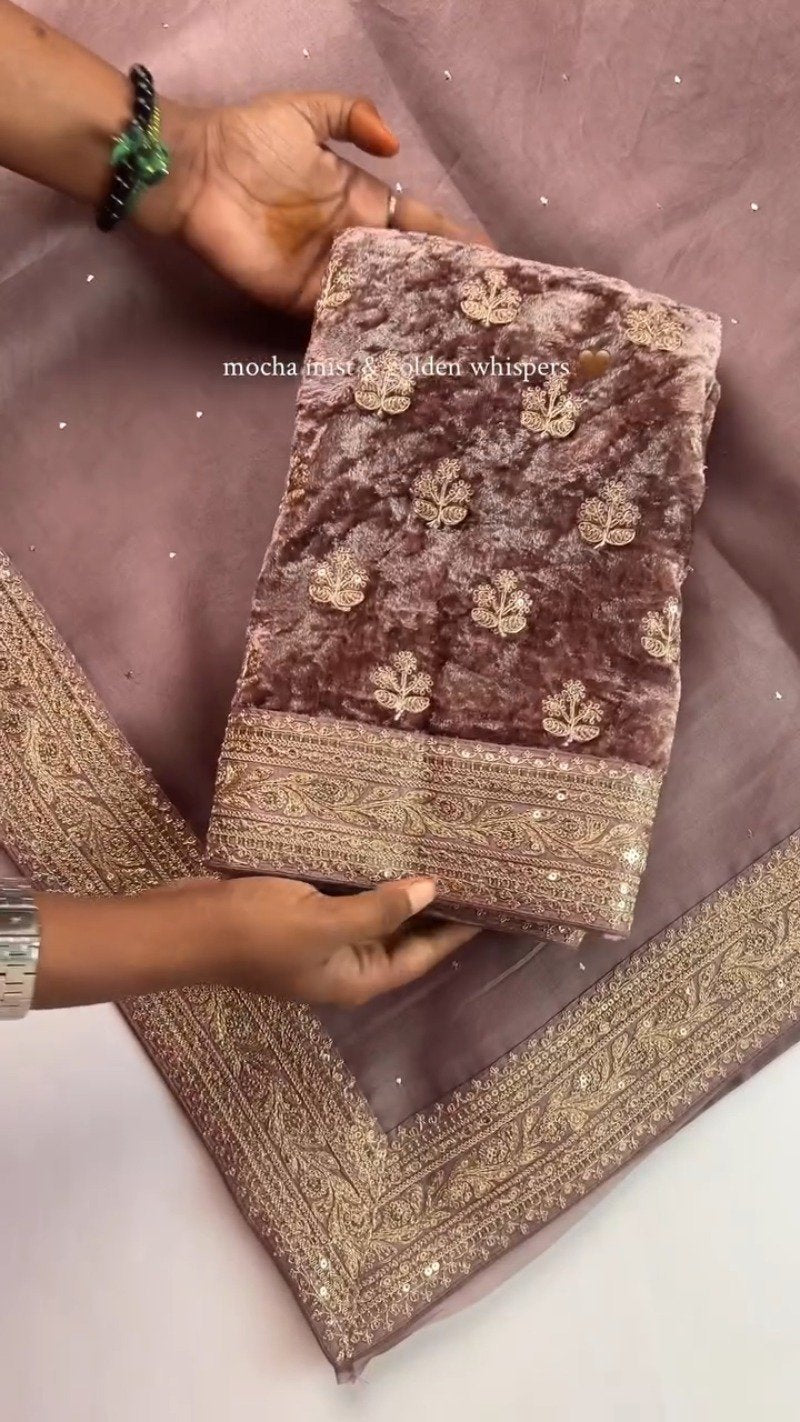 Mocha Mist Embroidered Saree with Golden Zari Border