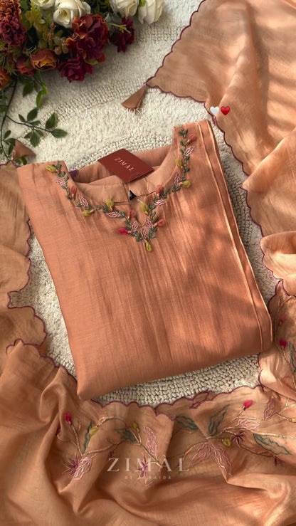 Zimal Peach Embroidered Kurta & Scalloped Dupatta Set