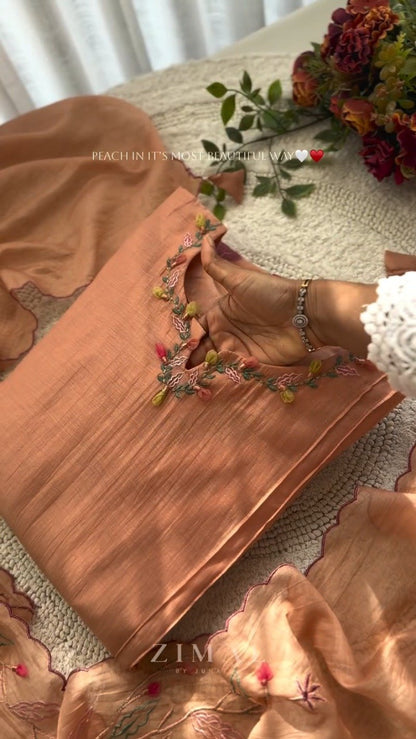 Zimal Peach Embroidered Kurta & Scalloped Dupatta Set