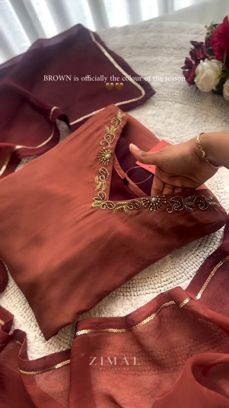 Zimal Rust-Brown Embroidered Kurta Set with Embellished Dupatta