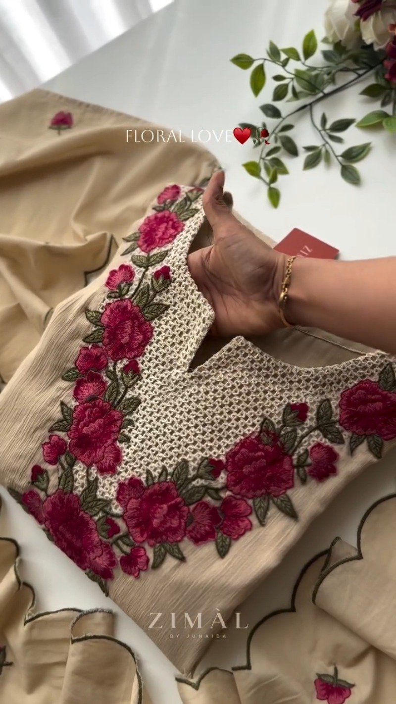 Beige Floral Embroidered Crochet Kurta Set with Scalloped Dupatta