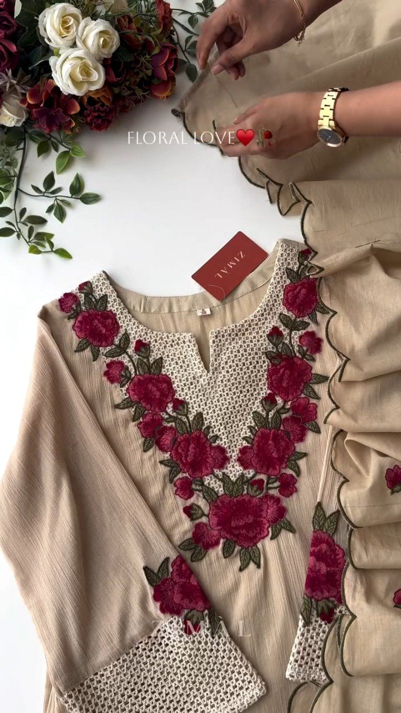 Beige Floral Embroidered Crochet Kurta Set with Scalloped Dupatta