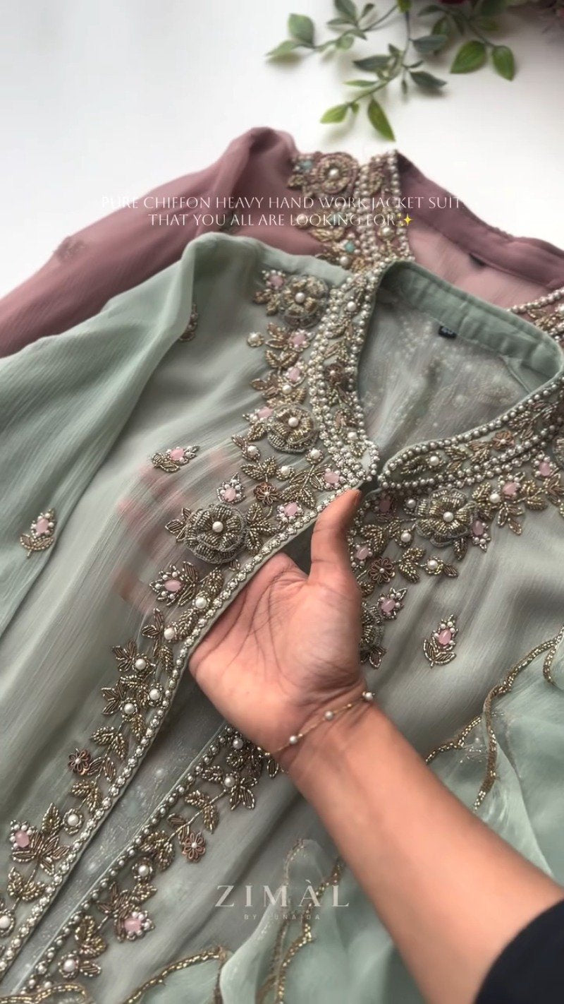 Ethereal Chiffon Hand-Embroidered Jacket Suit – Available in Sage Green & Dusty Mauve